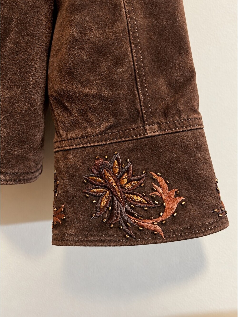 Coldwater Creek Brown Genuine Leather Embroidered Jacket Womens XL Floral Beaded - Picture 4 of 5